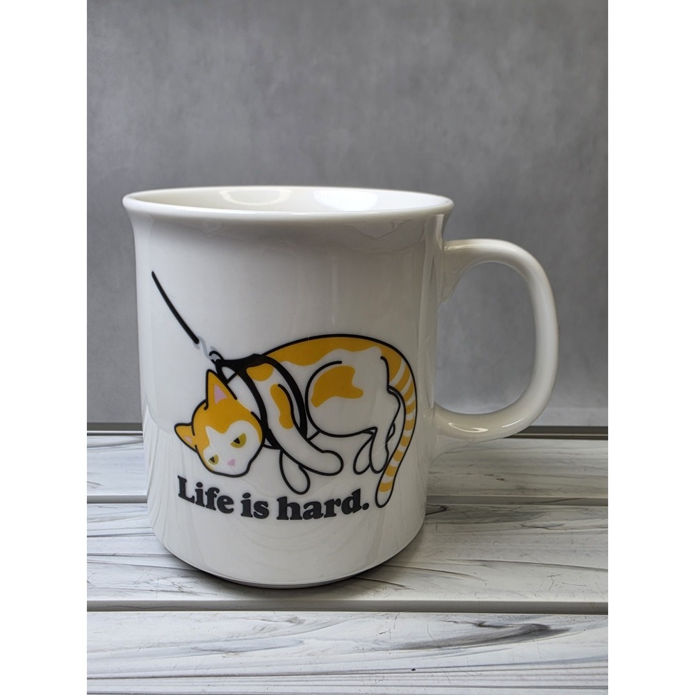 Genuine Fred Mug LIFE IS HARD  Orange Cat on Leash 16 oz